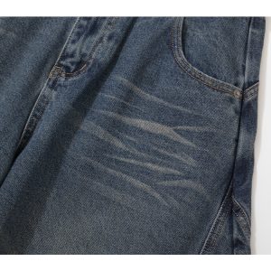 Pleated Curved Blade Wide-Leg Jeans with Natural Cat Whiskers - Vintage Y2K Banana Scythe Denim Pants for Trendy Looks