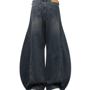 Pleated Curved Blade Wide-Leg Jeans with Natural Cat Whiskers - Vintage Y2K Banana Scythe Denim Pants for Trendy Looks
