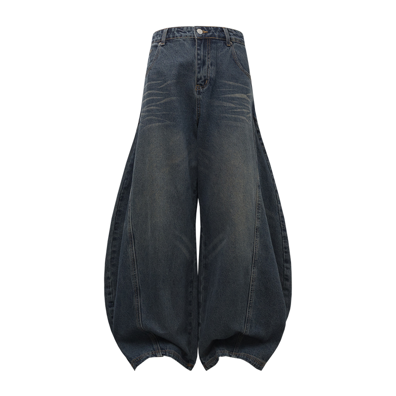 Pleated Curved Blade Wide-Leg Jeans with Natural Cat Whiskers - Vintage Y2K Banana Scythe Denim Pants for Trendy Looks