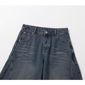 Pleated Curved Blade Wide-Leg Jeans with Natural Cat Whiskers - Vintage Y2K Banana Scythe Denim Pants for Trendy Looks