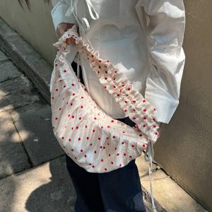 Pleated Lace Polka Dot Dumpling Crossbody Bag with Drawstring & Zipper - Berry Ripple Floral Print Canvas Style
