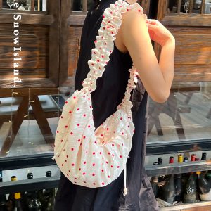 Pleated Lace Polka Dot Dumpling Crossbody Bag with Drawstring & Zipper - Berry Ripple Floral Print Canvas Style