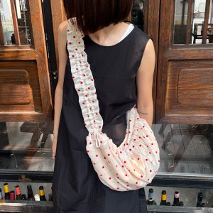 Pleated Lace Polka Dot Dumpling Crossbody Bag with Drawstring & Zipper - Berry Ripple Floral Print Canvas Style