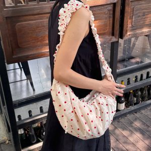 Pleated Lace Polka Dot Dumpling Crossbody Bag with Drawstring & Zipper - Berry Ripple Floral Print Canvas Style