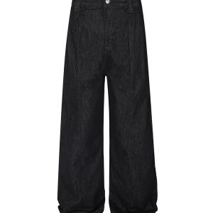 Pleated Original Denim Wide-Leg Jeans with Double Side Seam and Curved Blade Design - Trendy Casual Fashion for Effortless Style