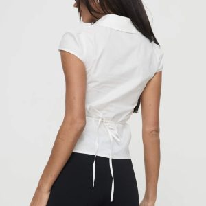 Pleated Waist Solid Color Short Sleeve Shirt - Comfortable Pure Cotton American Style for Spring/Summer Spicy Girl Vibes