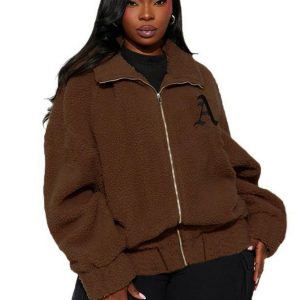 Plus Size Lamb Wool Loose Zipper Cardigan Coat with Lapel - Casual Warm Fashion for Autumn Winter