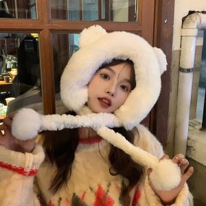 Plush Bear Ear Fisherman Hat for Women - Thickened Winter Lei Feng Style with Warm Ear Protection