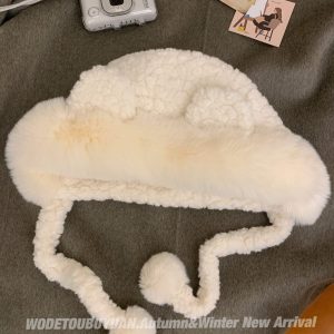 Plush Bear Ear Fisherman Hat for Women - Thickened Winter Lei Feng Style with Warm Ear Protection