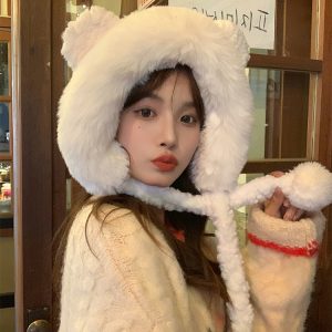 Plush Bear Ear Fisherman Hat for Women - Thickened Winter Lei Feng Style with Warm Ear Protection