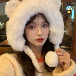 Plush Bear Ear Fisherman Hat for Women - Thickened Winter Lei Feng Style with Warm Ear Protection