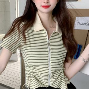 Polo Collar Drawstring Striped Short Sleeve T-Shirt for Women - 2023 Summer Slim Fit Versatile Niche Design Top, Y2K Style