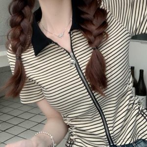 Polo Collar Drawstring Striped Short Sleeve T-Shirt for Women - 2023 Summer Slim Fit Versatile Niche Design Top, Y2K Style