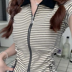 Polo Collar Drawstring Striped Short Sleeve T-Shirt for Women - 2023 Summer Slim Fit Versatile Niche Design Top, Y2K Style