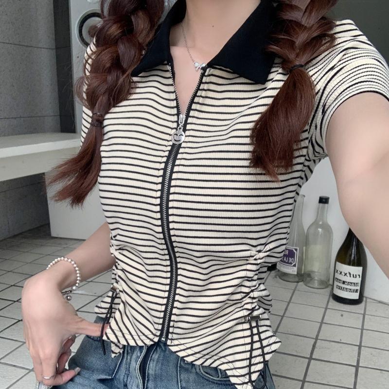 Polo Collar Drawstring Striped Short Sleeve T-Shirt for Women - 2023 Summer Slim Fit Versatile Niche Design Top, Y2K Style