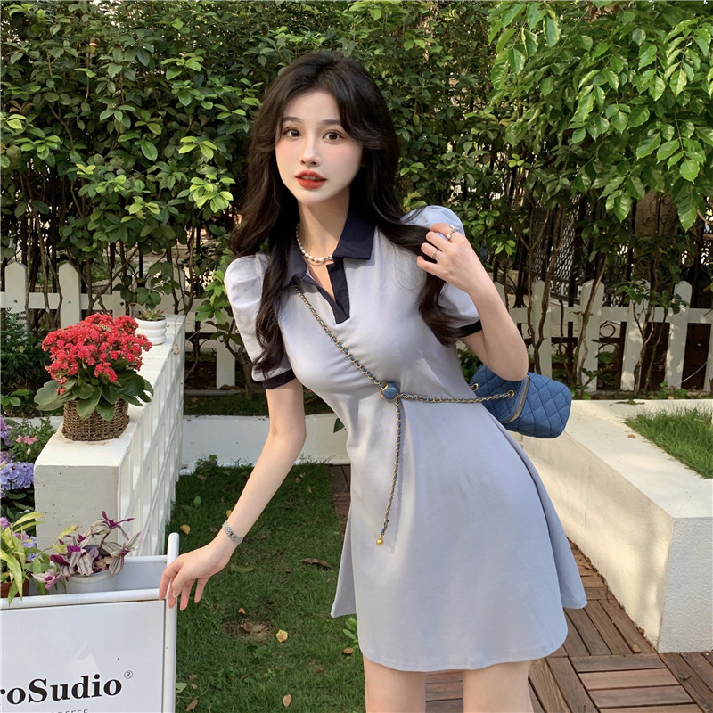 Polo Collar Dress with Puff Sleeves, Slimming Waist-Cinching Design, College Style for Summer, Age-Reducing Sweet Look