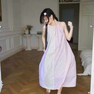 Powder Purple Floral Patchwork Spaghetti Strap Dress for Vacation, Honey Flower Design, Trendy Summer Fashion, Y2K Style