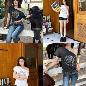 Printed Off-Shoulder Loose Tee - Trendy Fashion Icon Top for a Chic, Effortless Look - Perfect for 90s and Y2K Style Enthusiasts