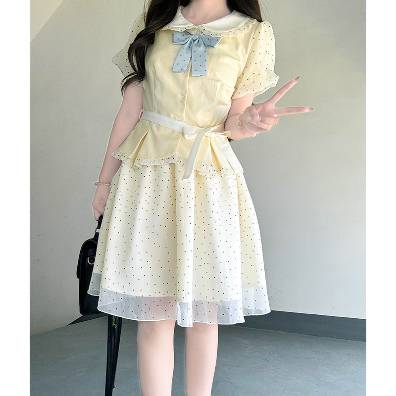 Pudding Bear JK Uniform Doll Collar Top & Polka Dot Skirt Set - Women's Sweet Summer College Style Outfit