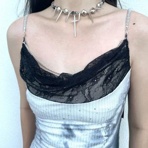 Punk Studded Cross Necklace in Titanium Steel with Tassel - Hip-Hop Style Accessory for Sweet and Spicy Girls