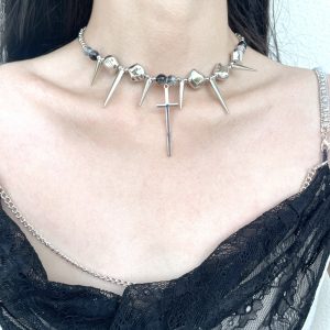 Punk Studded Cross Necklace in Titanium Steel with Tassel - Hip-Hop Style Accessory for Sweet and Spicy Girls