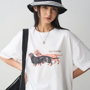 Pure Cotton Sausage Dog Printed T-Shirt - White Loose Fit Short Sleeve Round Neck Top for Casual 90s Y2K Style