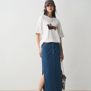 Pure Cotton Sausage Dog Printed T-Shirt - White Loose Fit Short Sleeve Round Neck Top for Casual 90s Y2K Style