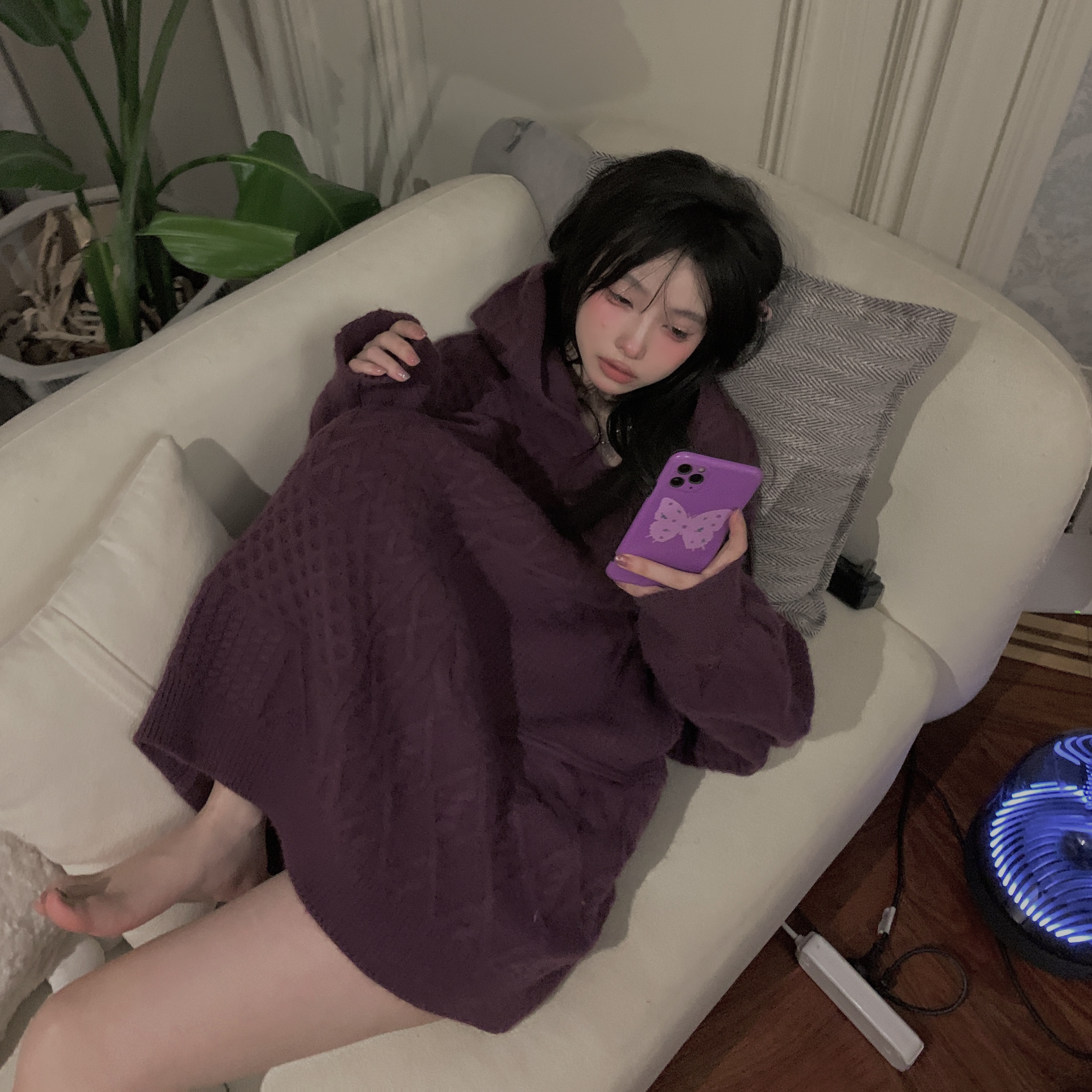 Purple Cute Sister Hooded Sweater - Woven Design Heavy Industry Knit - Cozy Women's Sweatshirt for Casual Y2K Style
