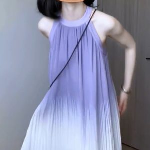 Purple Gradient Halter Neck Sleeveless Long Dress for Women - Summer Off-Shoulder Beach Vacation Style, Ideal for Y2K and Boho Looks