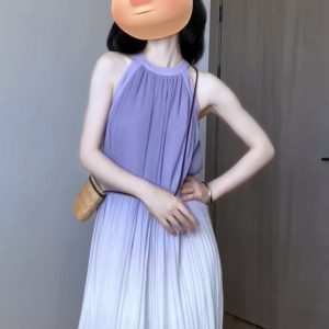 Purple Gradient Halter Neck Sleeveless Long Dress for Women - Summer Off-Shoulder Beach Vacation Style, Ideal for Y2K and Boho Looks