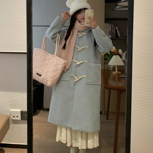 Purple Horn Button Thick Woolen Coat for Women - Sweet Autumn Winter Style, Cozy Gentle Design, Perfect for Chic Seasonal Layering