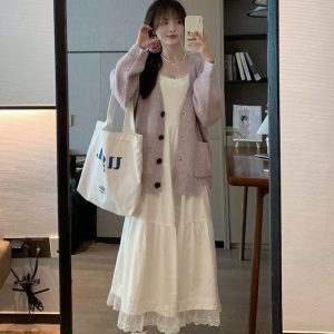 Purple Knitted Cardigan Short Top - Women's Loose Sweater for a Relaxed Spring Look - Trendy Lightweight Layering Piece