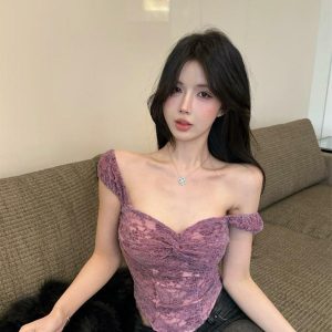 Purple Lace Spliced Camisole for Women - Sexy Off-the-Shoulder Strapless Top for Outerwear - Trendy Y2K Style
