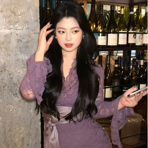 Purple V-Neck Lace Dress for Women - Thigh-Length, Tight-Fitting, Hip-Hugging Mid-Length Skirt - Elegant 90s Inspired Style