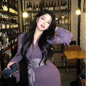 Purple V-Neck Lace Dress for Women - Thigh-Length, Tight-Fitting, Hip-Hugging Mid-Length Skirt - Elegant 90s Inspired Style