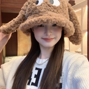 Quirky Long-Eared Dog Plush Hat for Women - Cute Warm Bucket Hat for Autumn and Winter, Perfect Fisherman Style Accessory