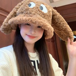 Quirky Long-Eared Dog Plush Hat for Women - Cute Warm Bucket Hat for Autumn and Winter, Perfect Fisherman Style Accessory