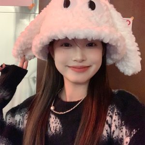 Quirky Long-Eared Dog Plush Hat for Women - Cute Warm Bucket Hat for Autumn and Winter, Perfect Fisherman Style Accessory