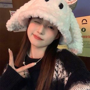 Quirky Long-Eared Dog Plush Hat for Women - Cute Warm Bucket Hat for Autumn and Winter, Perfect Fisherman Style Accessory