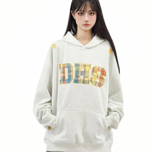 Rainbow Plaid Letter Patch Embroidery Hoodie for Women - Casual Autumn Sweatshirt in National Trend American Style