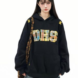Rainbow Plaid Letter Patch Embroidery Hoodie for Women - Casual Autumn Sweatshirt in National Trend American Style