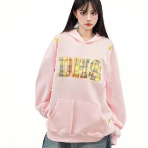 Rainbow Plaid Letter Patch Embroidery Hoodie for Women - Casual Autumn Sweatshirt in National Trend American Style