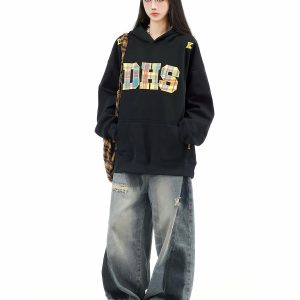 Rainbow Plaid Letter Patch Embroidery Hoodie for Women - Casual Autumn Sweatshirt in National Trend American Style