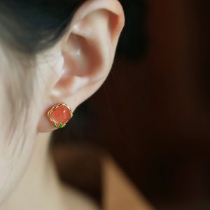 Red Agate Bamboo Joint Square Sugar Ear Studs - Chinese Style National Wind Earrings for Women, Perfect for Birth Year Celebrations