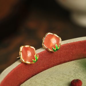 Red Agate Bamboo Joint Square Sugar Ear Studs - Chinese Style National Wind Earrings for Women, Perfect for Birth Year Celebrations