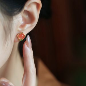 Red Agate Bamboo Joint Square Sugar Ear Studs - Chinese Style National Wind Earrings for Women, Perfect for Birth Year Celebrations