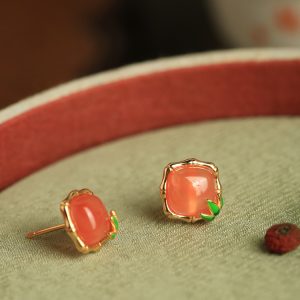 Red Agate Bamboo Joint Square Sugar Ear Studs - Chinese Style National Wind Earrings for Women, Perfect for Birth Year Celebrations