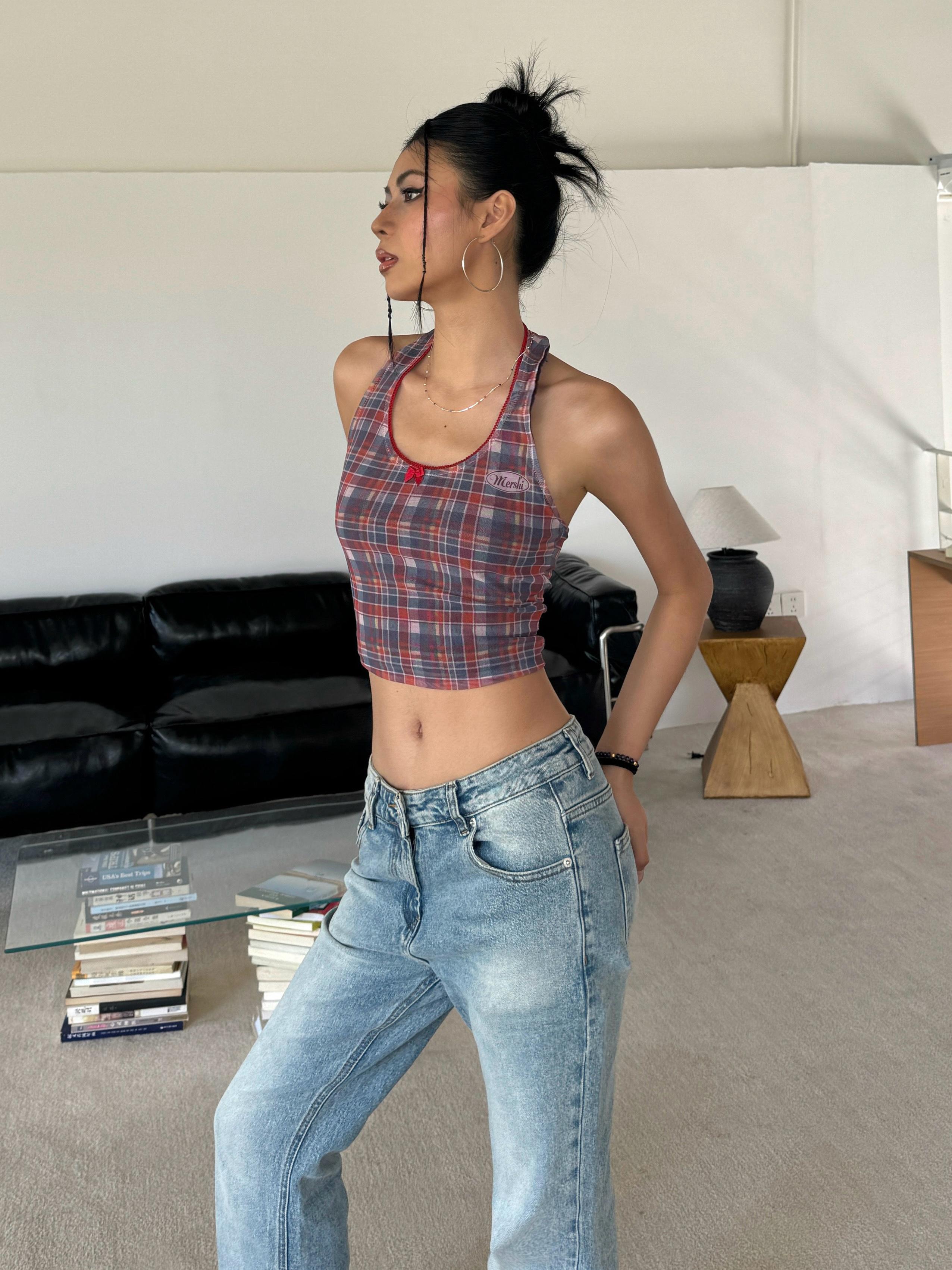 Red and Blue Plaid U-Shaped Neck Halter Top - Sexy Slim-Fit American Style Spicy Girl Fashion for Summer Nights
