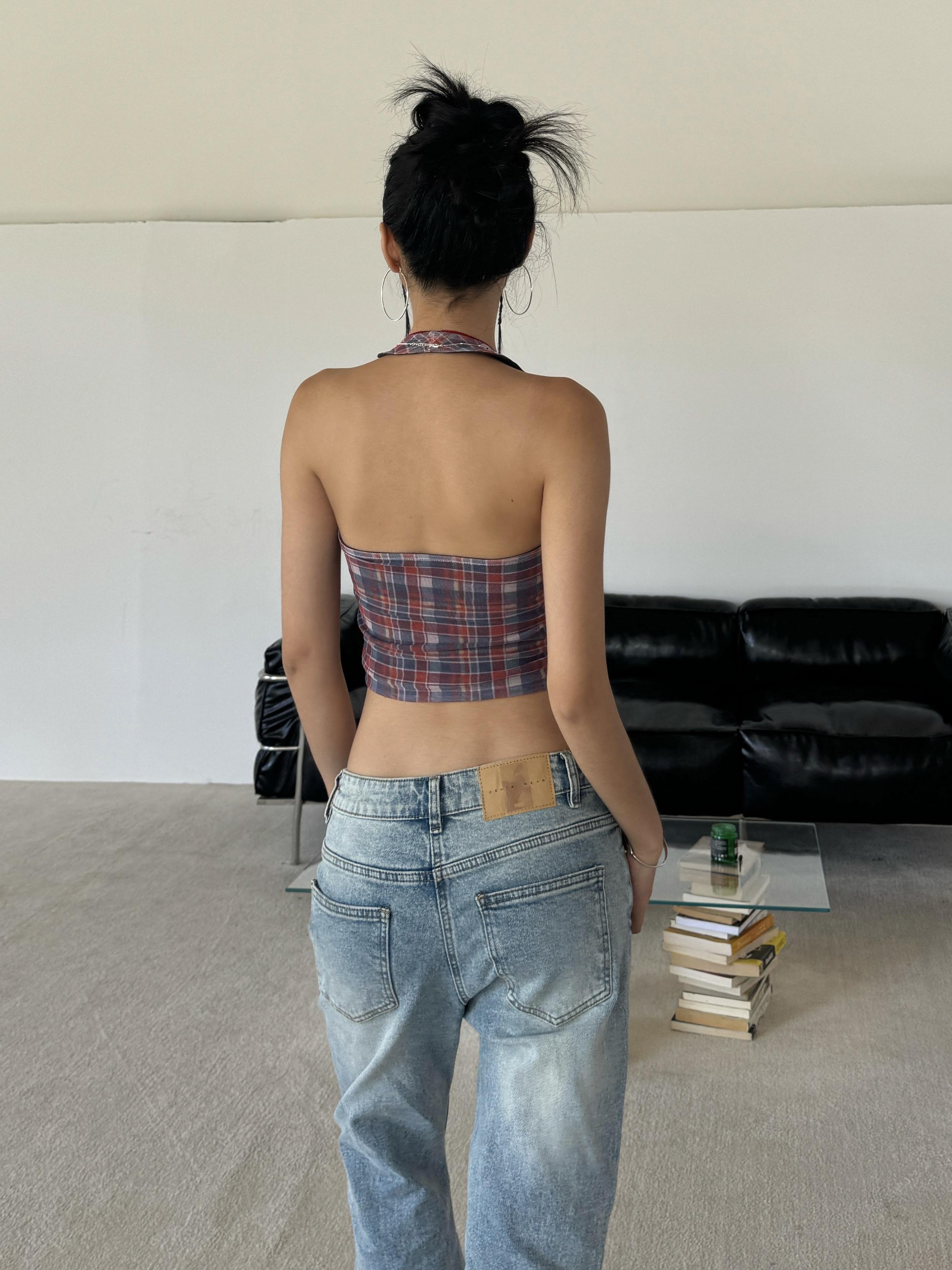 Red and Blue Plaid U-Shaped Neck Halter Top - Sexy Slim-Fit American Style Spicy Girl Fashion for Summer Nights