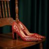 Red Chunky Heel Wedding Shoes for Chinese Bride - High-End Xiuhe Embroidered Qipao High Heels, Comfortable Design